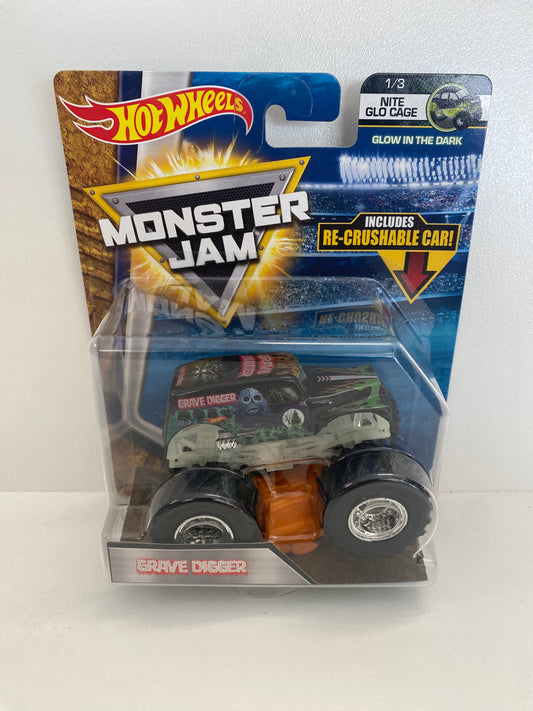 Grave Digger 1:64 w/Re Crushable Car - Nito Glo Cage , Hot Wheels/Monster Jam